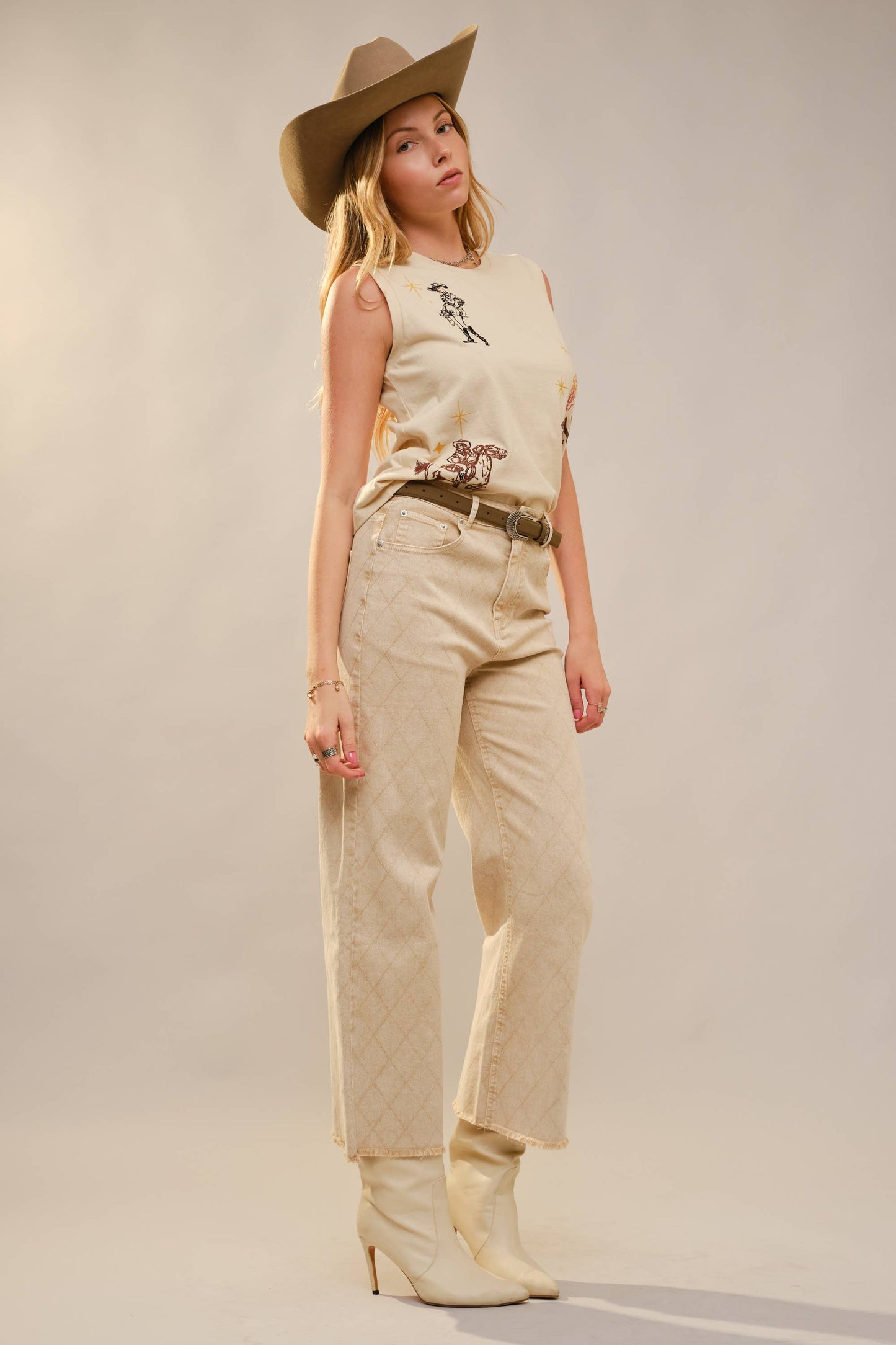 37775T Western Motif Embroidered Sleeveless Top