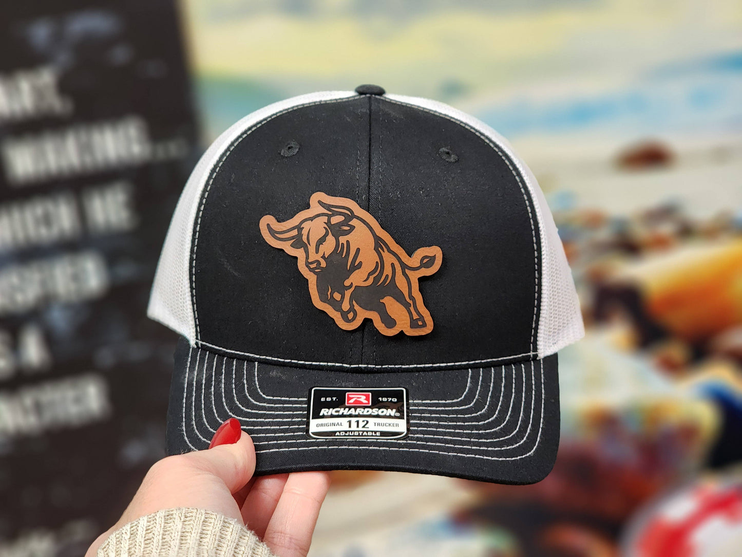 Bull Emblem Mesh Back Cap - Black & White, Richardson 112
