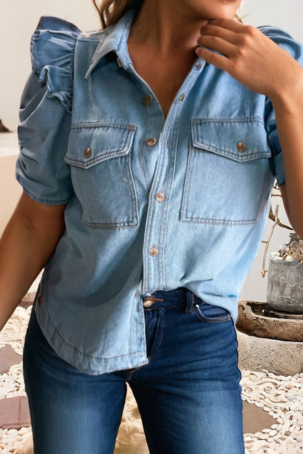 LDC Ruffle Puff Sleeve Button Down Flap Pocket Denim Shirt