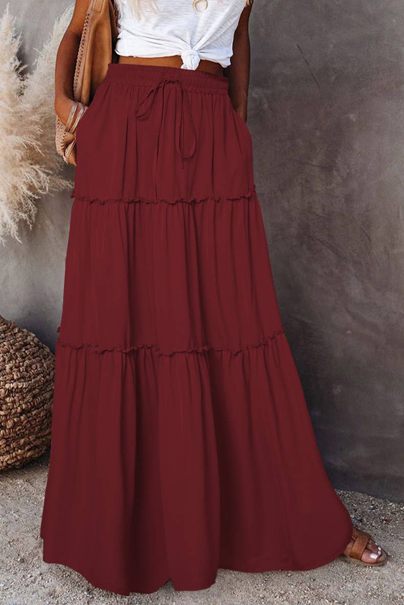 Boho Tiered Maxi Skirt with Pocket 17colors