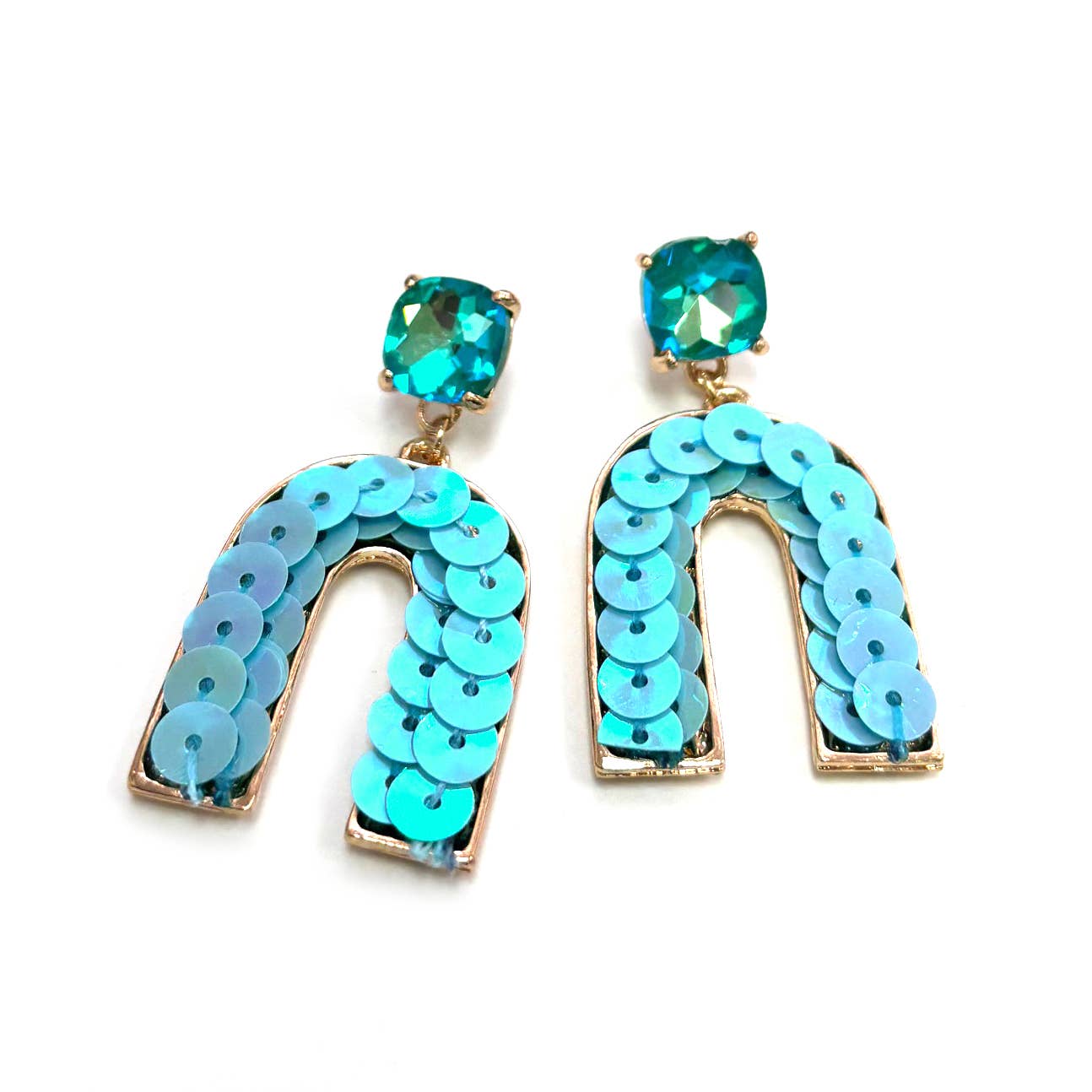 Cushion Cut Stone Post with Arch Sequin Dangle Earrings