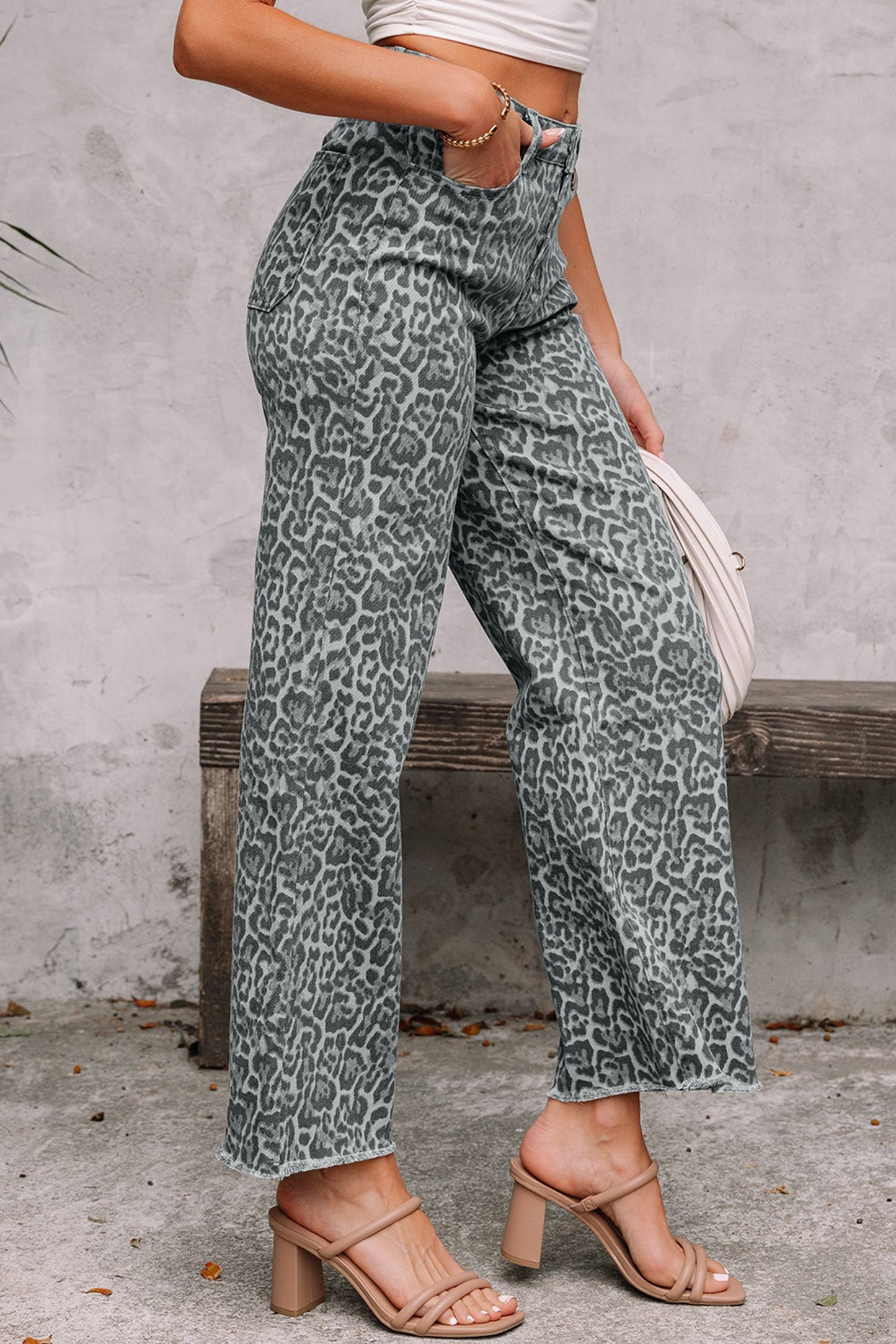 66 Western Leopard Frayed Edge Wide Leg High Waist Jeans