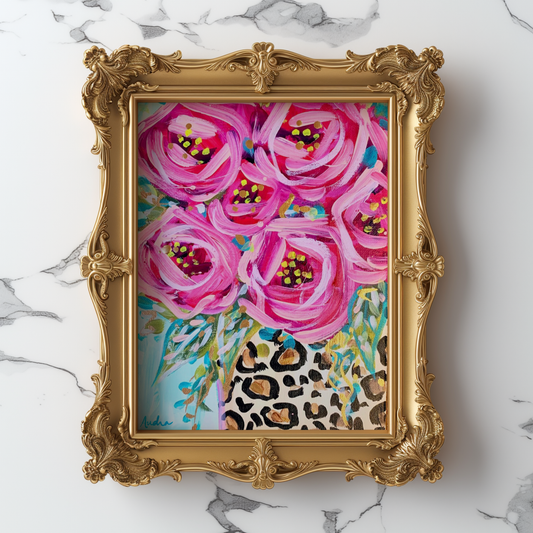 Roses Leopard Floral Art Print, Cheetah Maximalist Art, Dopamine Decor, Trendy Colorful Wall Poster