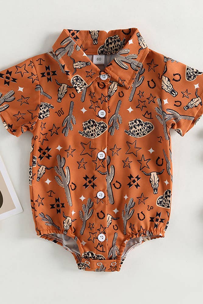 Western Style Cactus Print Button Up Shirt Romper BDR005