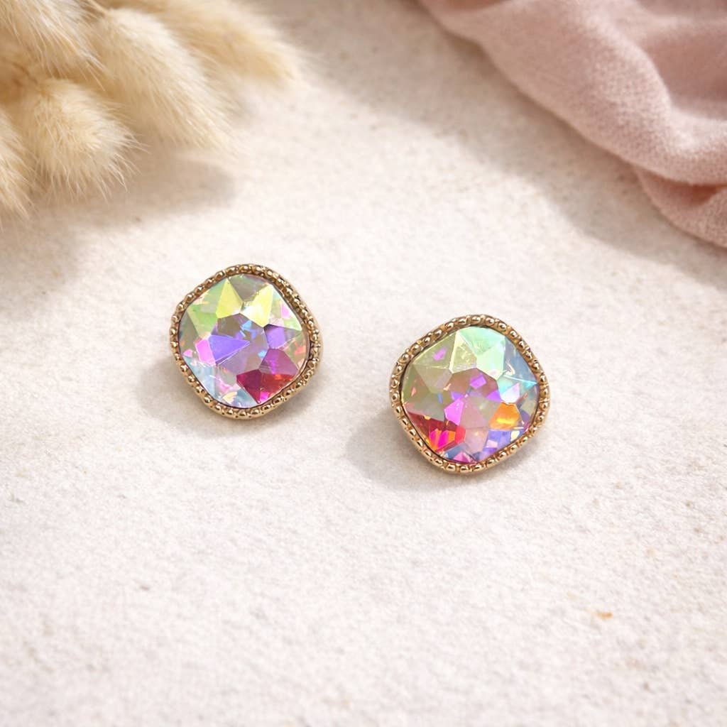 Square Textured Framed Crystal Glass Stone Stud Earrings