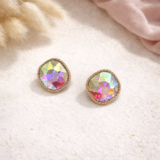 Square Textured Framed Crystal Glass Stone Stud Earrings
