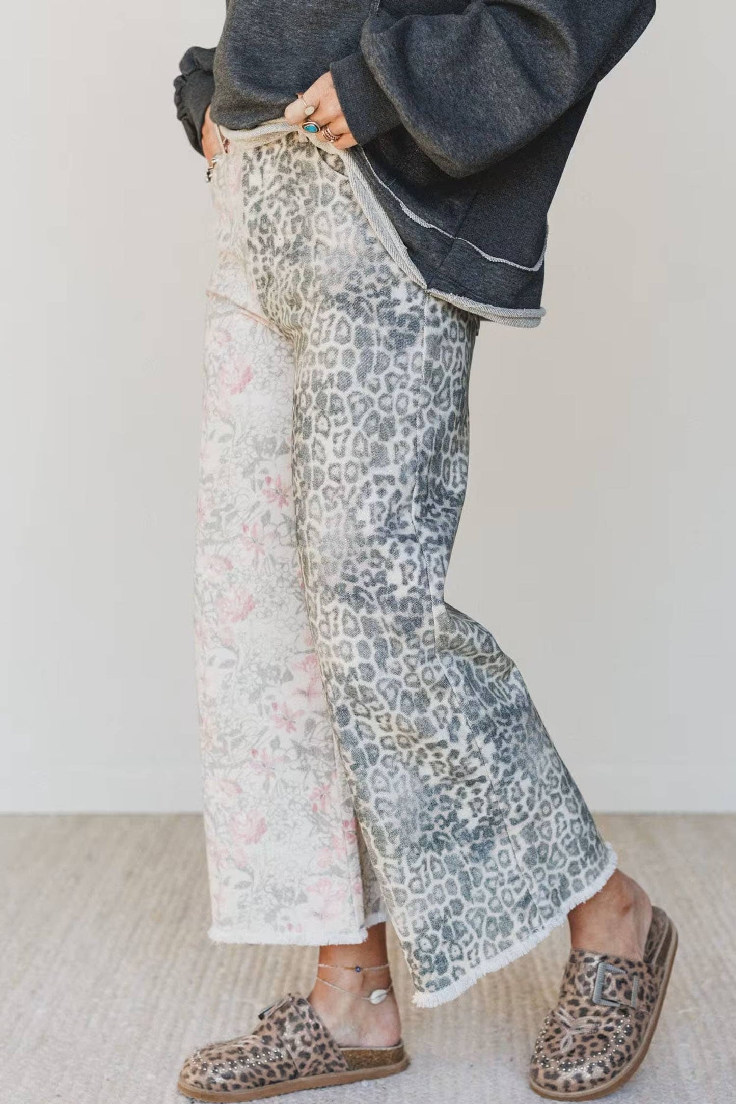 Western Leopard Frayed Edge Wide Leg High Waist Jeans*4-16