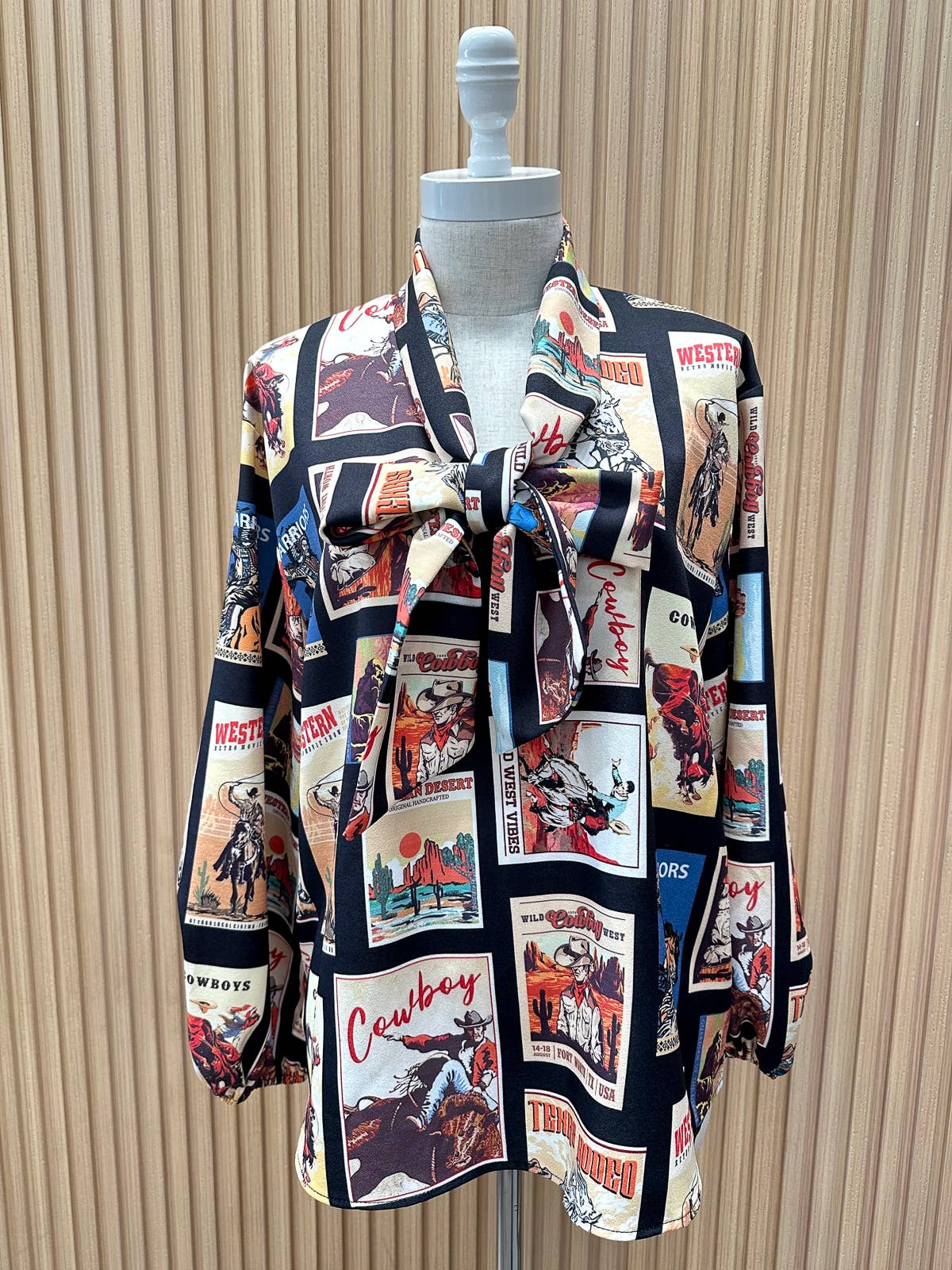 T1629-5585-Western Cowboy Stamps Print Ribbon Blouse