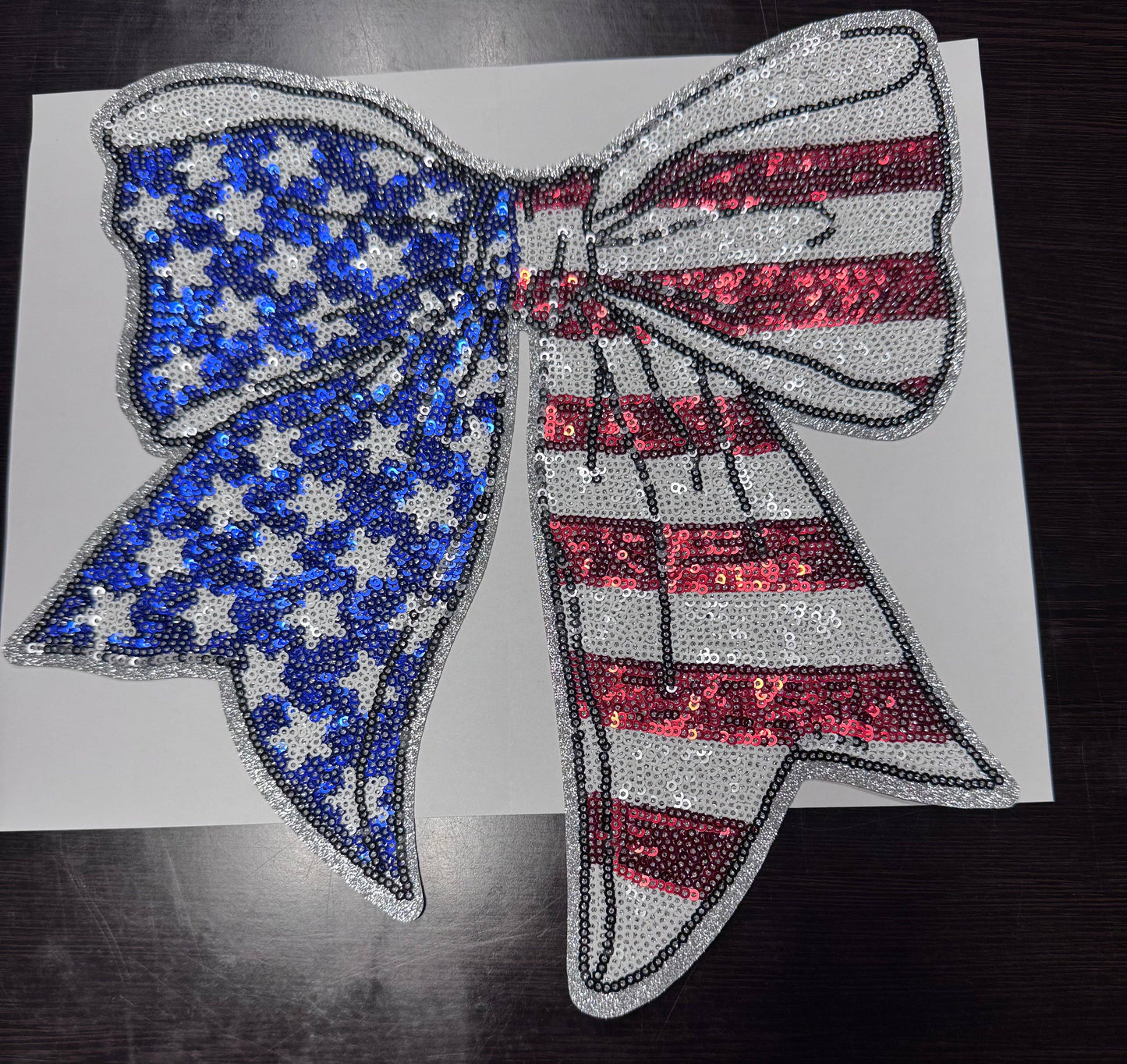 American Flag Bow Patch, Sequin Patch, 11" Iron on Patch, Silver Glitter Backing, DIY, Bow Patch