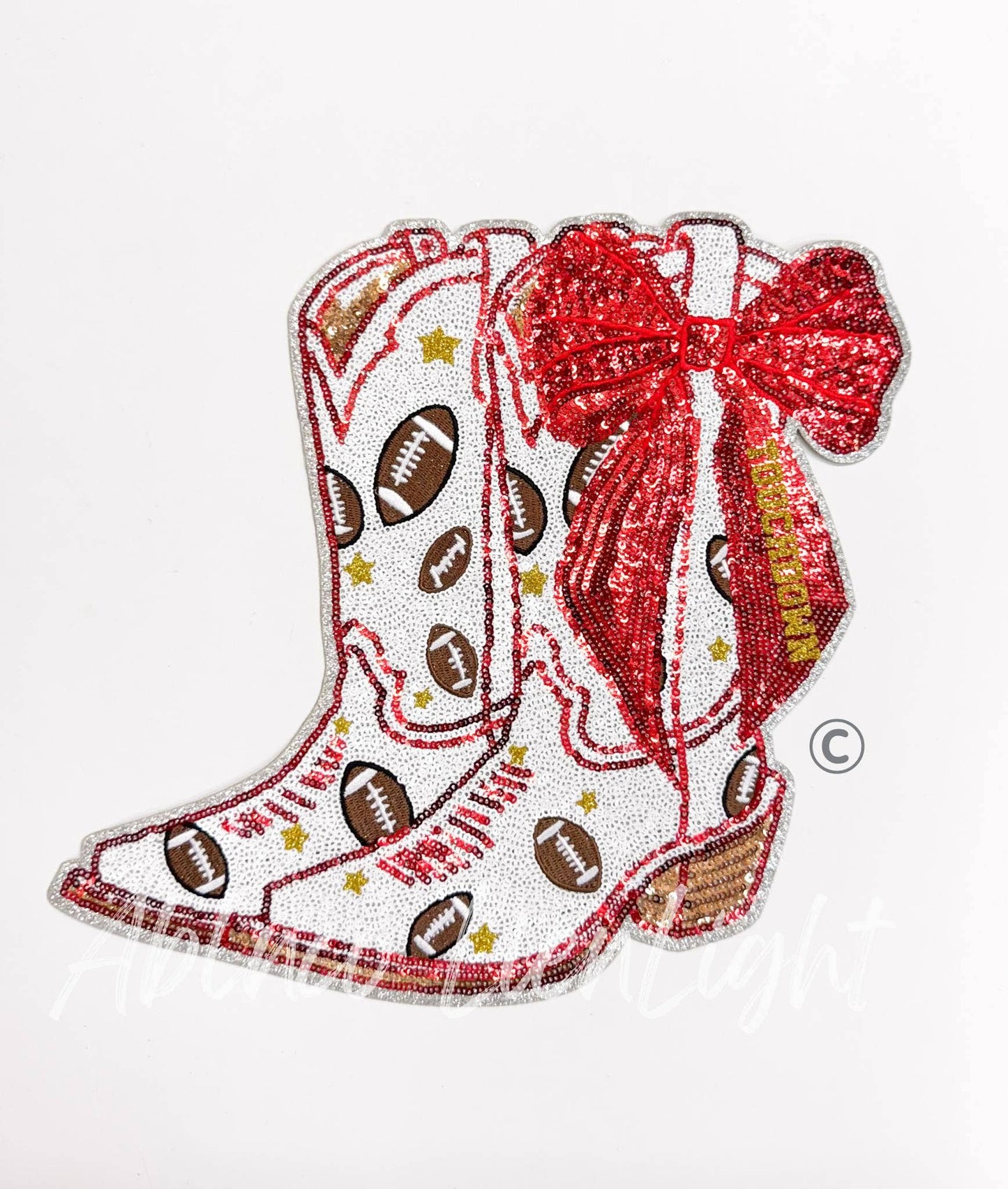 Football Touchdown Star Red Bow Boot Sequin Patch - Large