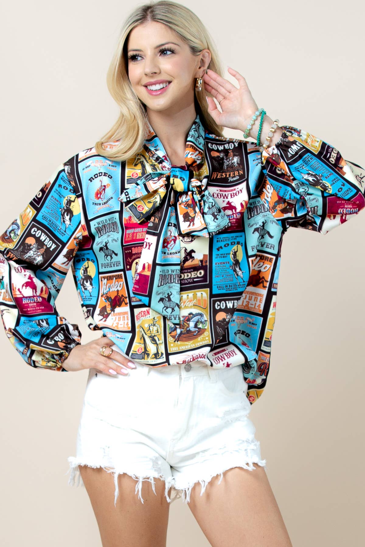 T1629-6433A-Sadia  Rodeo Stamp Print Graphic Blouse