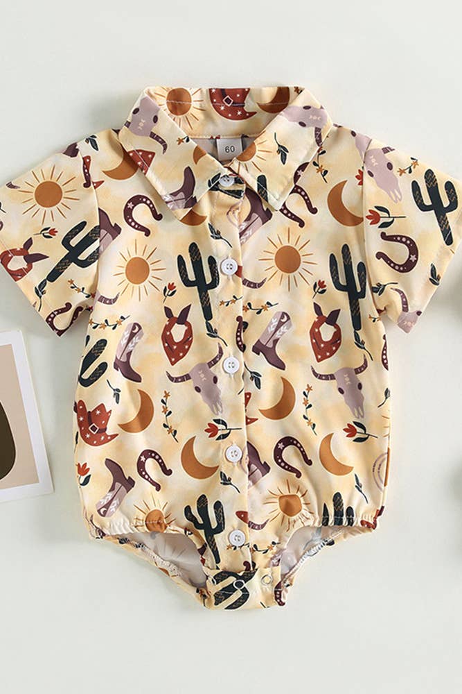 Western Style Cactus Print Button Up Shirt Romper BDR005