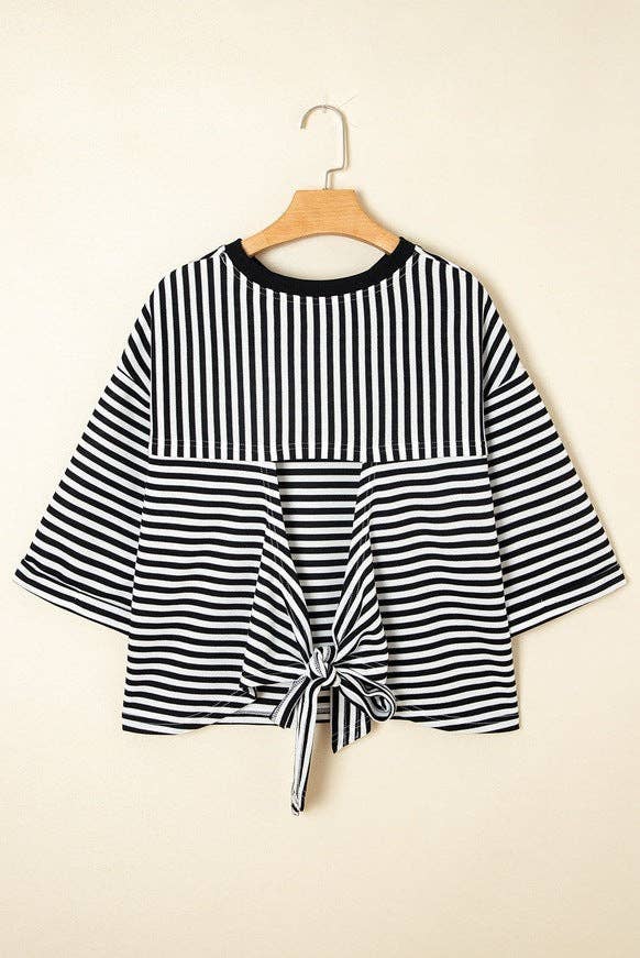 Pink Striped Knit Crew Neck Top with Back Bow Tie Detail