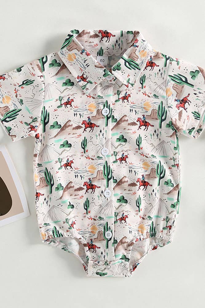 Western Style Cactus Print Button Up Shirt Romper BDR005