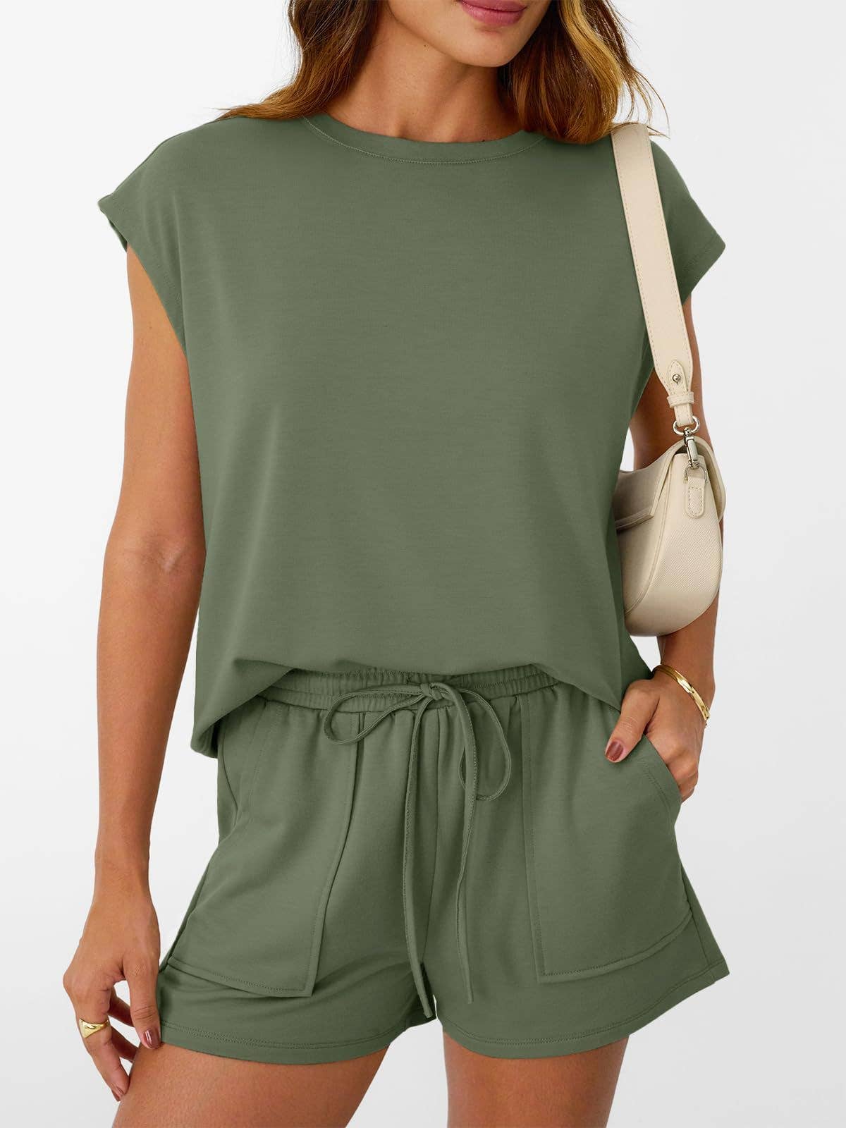 Casual Lounge Set Cap Sleeve Top Drawstring Shorts