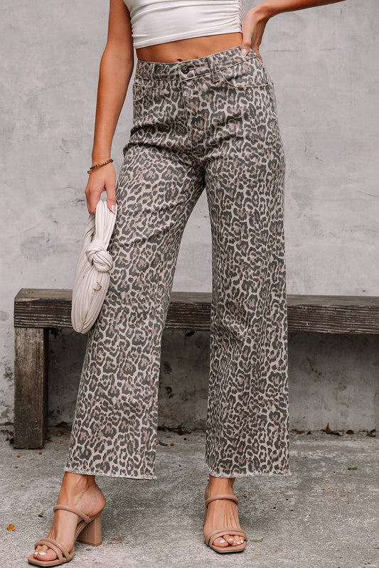 Western Leopard Frayed Edge Wide Leg High Waist Jeans*4-16