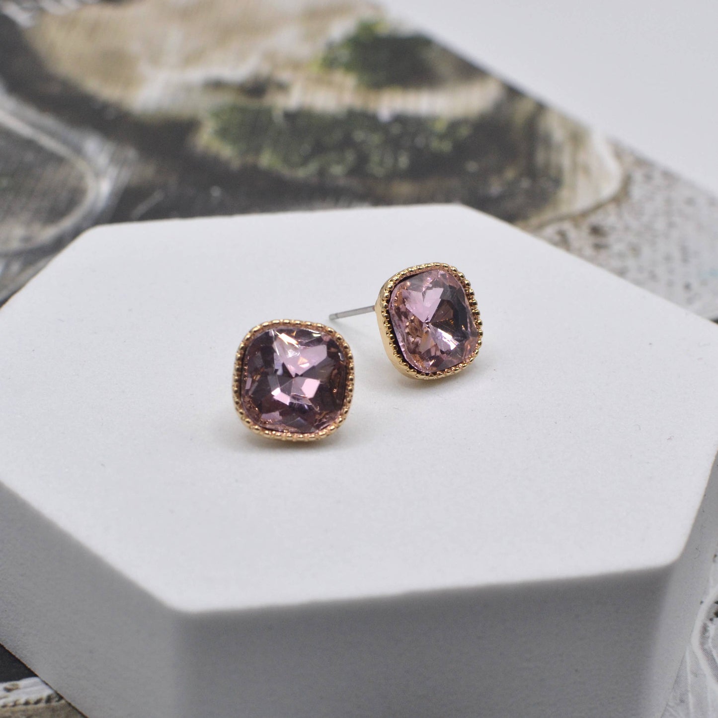Square Textured Framed Crystal Glass Stone Stud Earrings