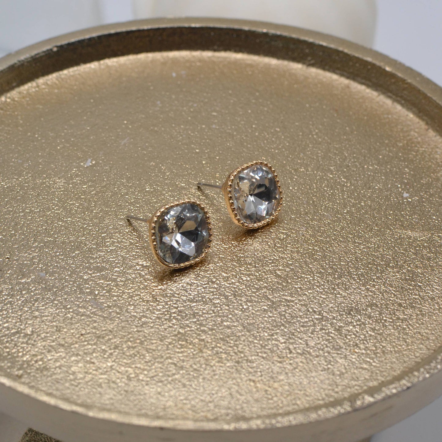 Square Textured Framed Crystal Glass Stone Stud Earrings