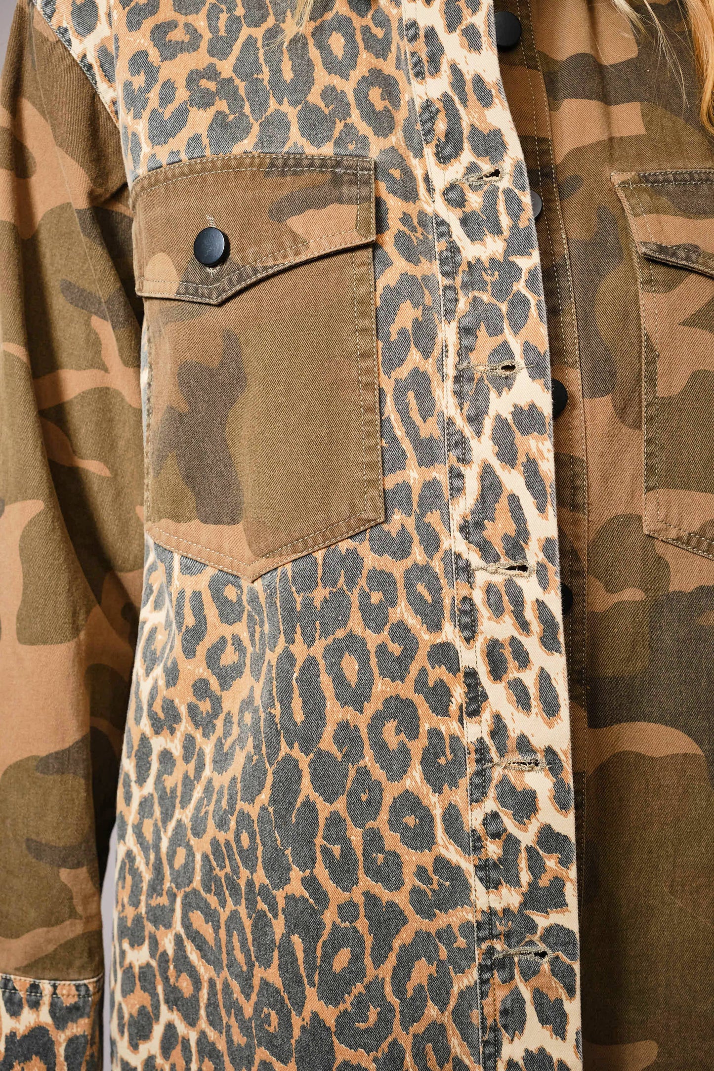 23515J - Mix Media Camo Leopard Snap Jacket