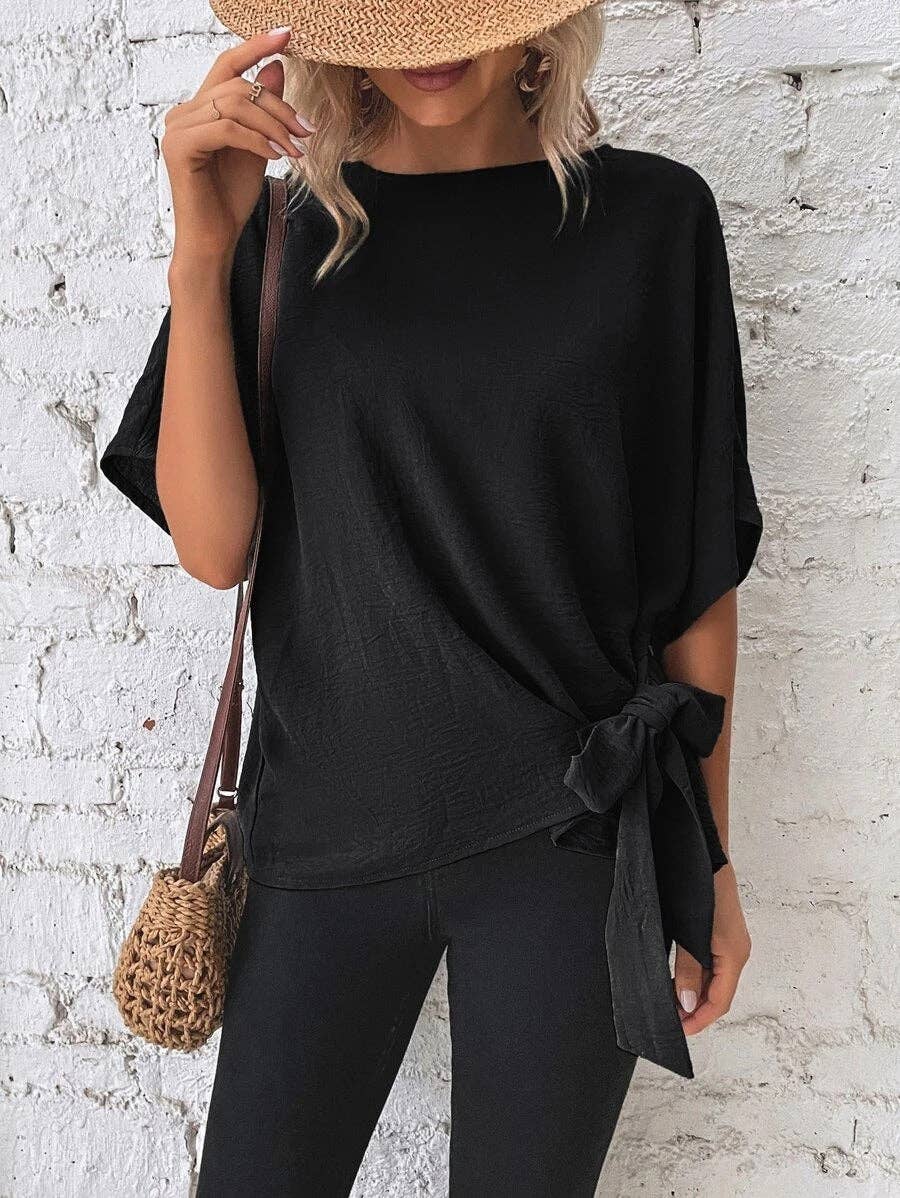 Casual Round Neck Knot Waist Tunic T-Shirt