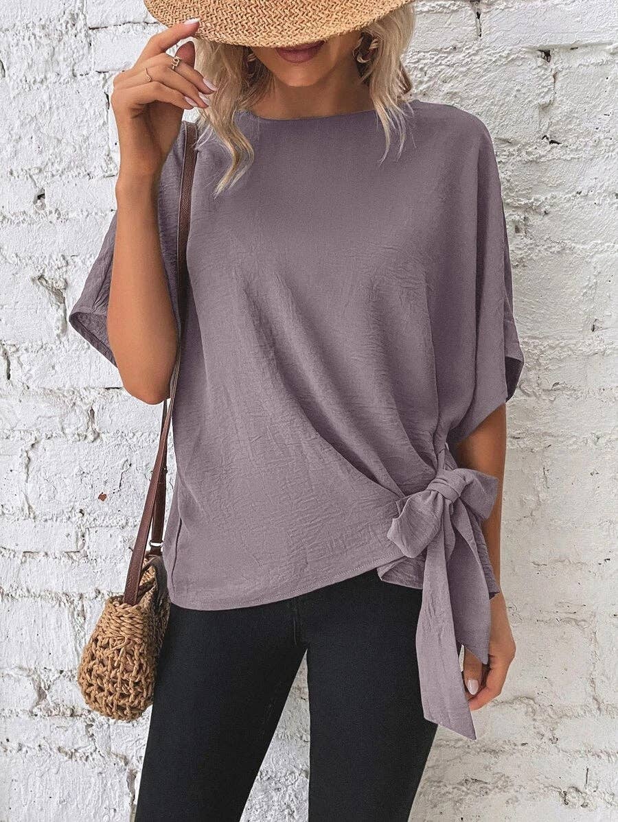 Casual Round Neck Knot Waist Tunic T-Shirt