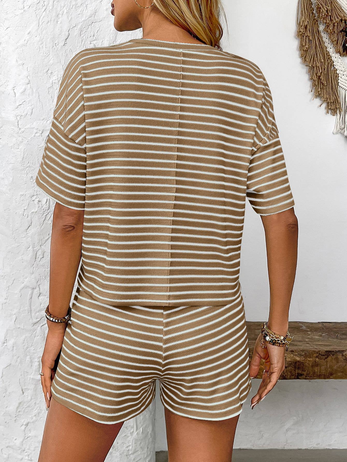 Knitted Striped Fashion Casual Top Shorts Tracksuit