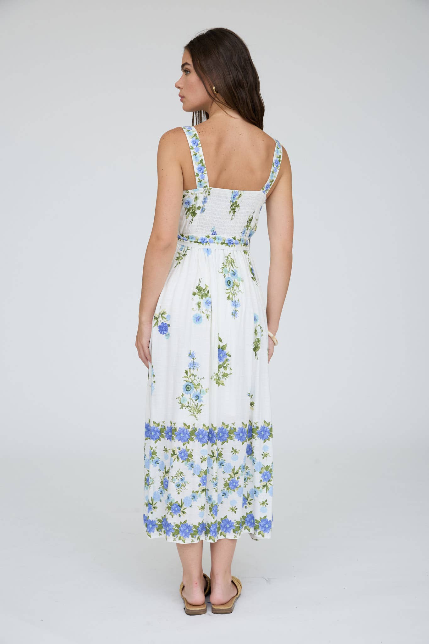 FLORAL BORDER PATTERN BELT STRAP MIDI DRESS