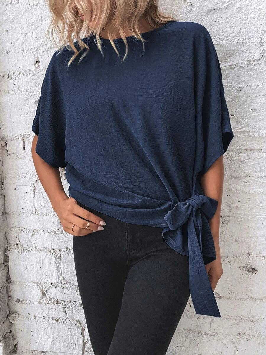 Casual Round Neck Knot Waist Tunic T-Shirt
