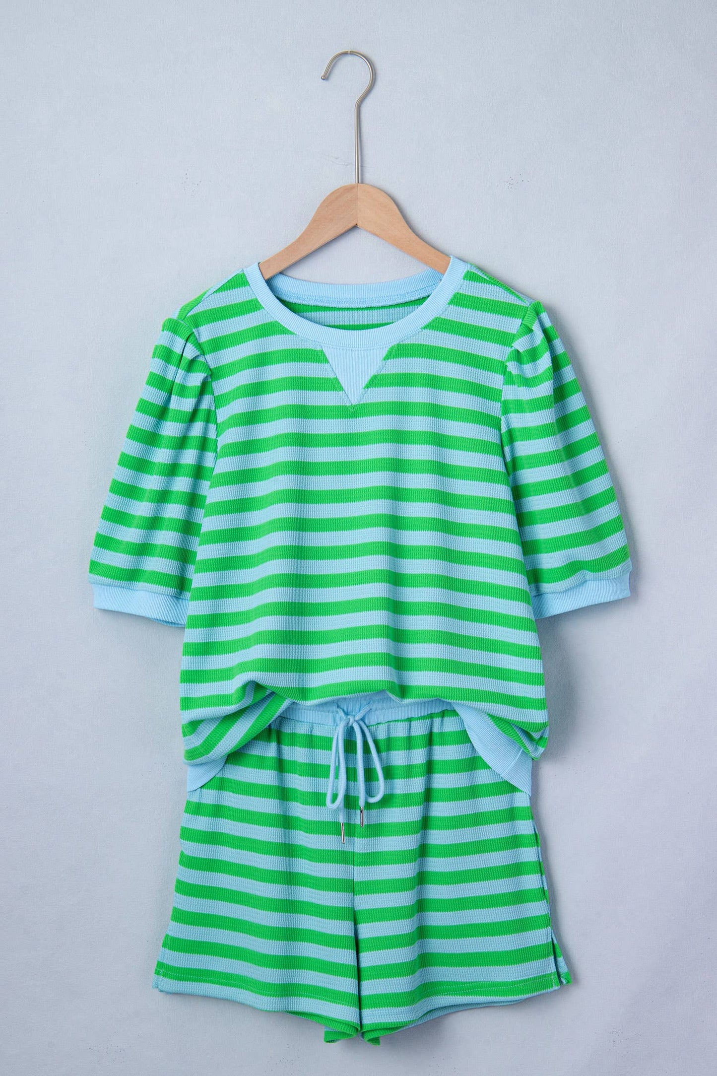 LDC Stripe Spring Puff Sleeve Shirt Matching Shorts Set|S-4X